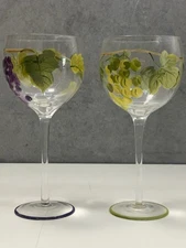 Pair Of Handpainted Stemmed Goblet Wine Glasses w Grape Leaves