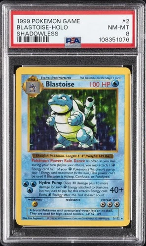 1999 POKEMON GAME SHADOWLESS #2 BLASTOISE-HOLO PSA 8