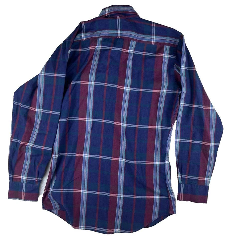 Camisa De Colección Años 70 80 Manhattan Para Hombres S Abotonada Azul Rojo Blanco A Cuadros Calce Ajustado Foto 2 de 4