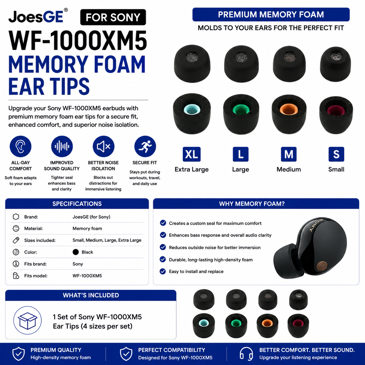Sony WF-1000XM5 XM5 Memory Foam Eartips Earbuds Comfortable Replacement (Black)