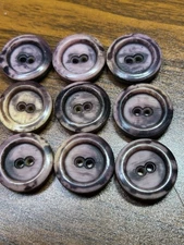 Buttons  9 Black pink mottled 2 hole round plastic vintage flat 7/8 in w rim