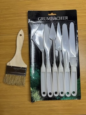 Grumbacher Plastic Palette Knives Set of 6+Blick Economy White Bristle Brush 3 