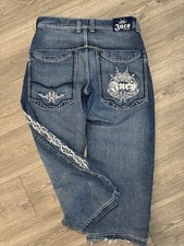 JNCO Men's Tribal Embroidered Relaxed Fit Blue Denim Cargo Shorts Flat Front