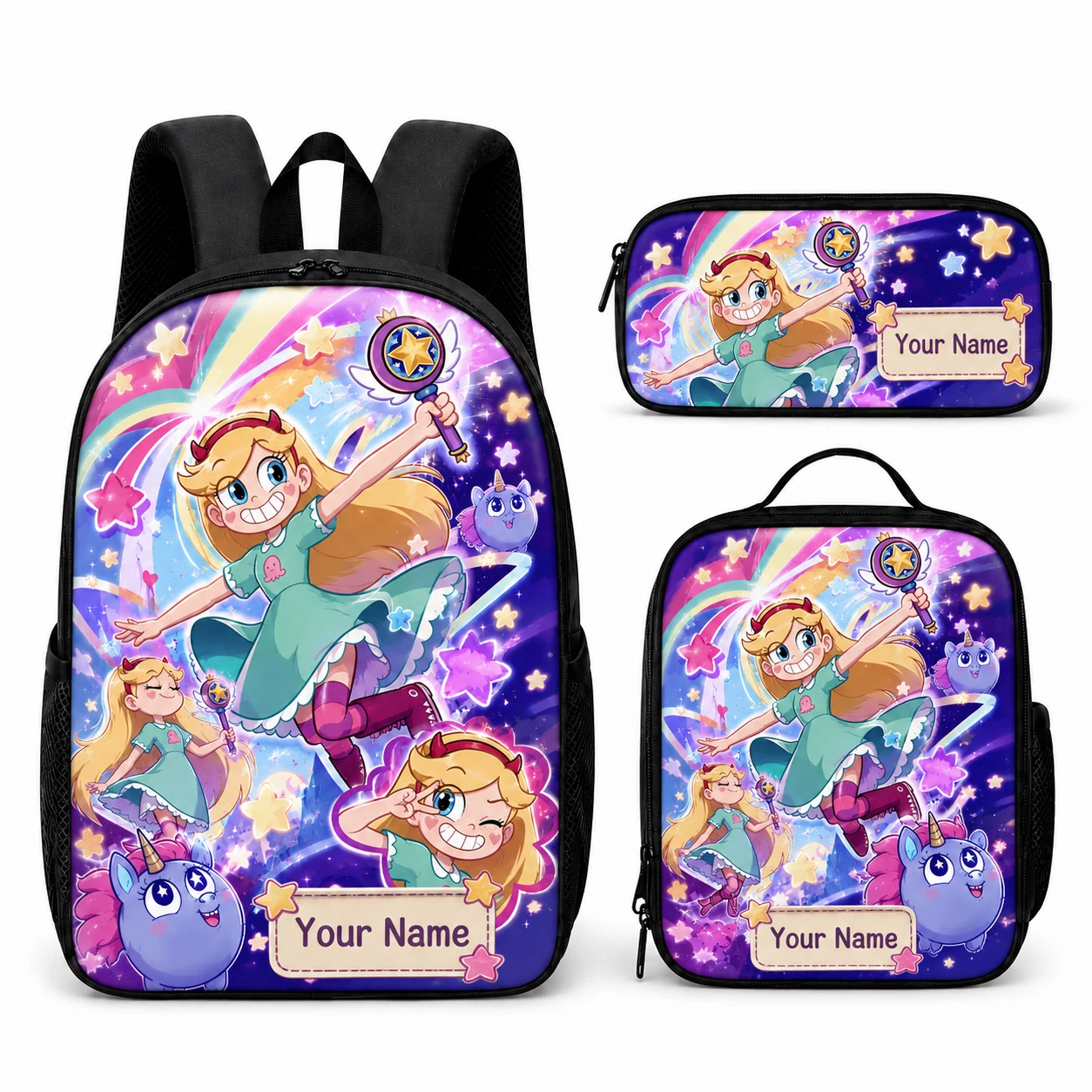 Custom Name Kids Backpack Set 3Pcs Magic Princess Wand Star School Bag Box