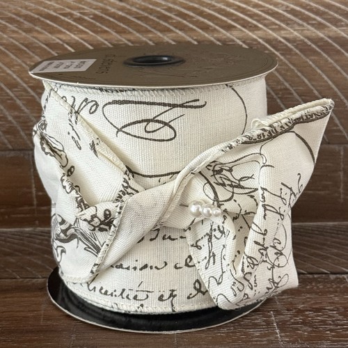 D. Stevens 4" Wired Ribbon Cream Brown Script Floral Christmas French Country