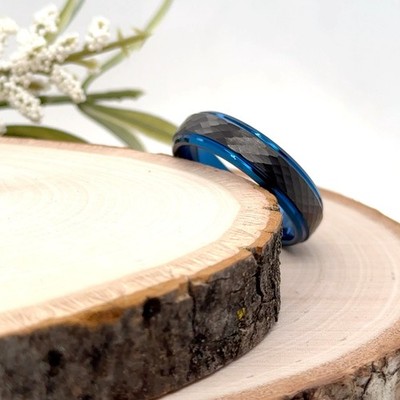 6mm Blue Polished Tungsten Ring Black Hammered Texture Band For Christmas Gifts