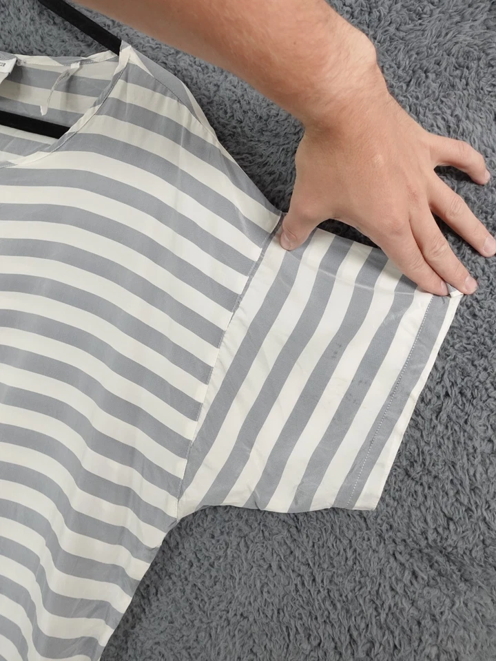 Top Maxmara Mujer 18 Gris Blanco Rayas 100% Seda Bretón Cuello Redondo Cuadrado Italia Foto 4 de 4