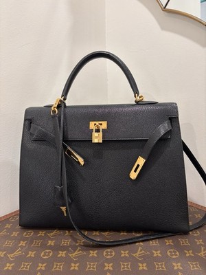 Authentic HERMES KELLY 35 black Chèvre de Coromand leather gold hardware RARE  