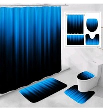 4 Pcs LightBlueBlack Gradient Shower Curtain Set with Rugs and Toilet Lid Cov...