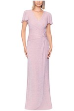 Xscape Women's Long Glittery Knit V-Neck Dress Rose