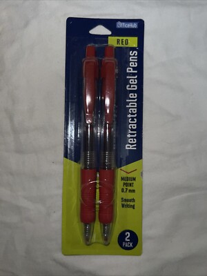 OfficeHub RED Retractable Gel Pens, Medium Point, 0.7mm, 2 pack.