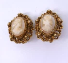 Vintage Florenza Gold Tone Carved Shell Cameo Clip On Earrings Costume Jewelry