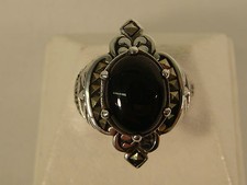 ONYX STERLING SILVER MARCASITE CABOCHON RING SIZE 8 3/4 THAILAND BEAUTIFUL