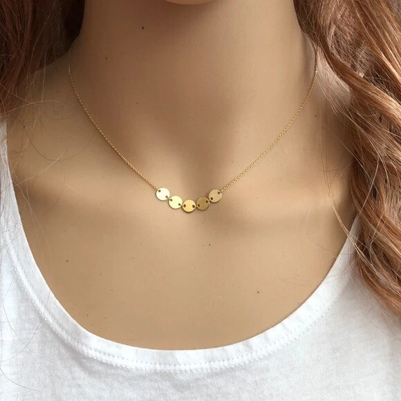 14K Solid Yellow Gold 5 Mini Disc Disk Choker Necklace adjustable Chain 16