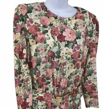 Vintage 80s Midi Dress Womens Size M Botanical Floral Garden Belted