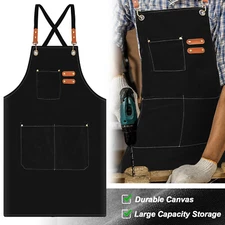 Men Women Thick Canvas Bib Apron For Kitchen Cooking Workshop Heavy Work Black