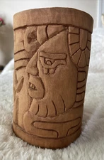 Tiki Style Chichén Itzá Mayan Yucatán Carved Wood Aztec Face Sun Mug Vase