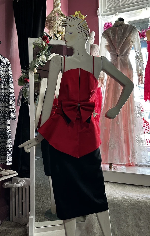 Mini Vestido Cóctel Vintage Años 80 Negro Rojo Estructurado Nueva Ola Avant Garde S/M Foto 4 de 4