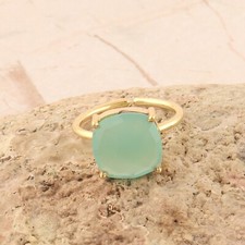 12 mm Cushion Shape Aqua Chalcedony Gold Plated Prong Setting Adjustable Ring