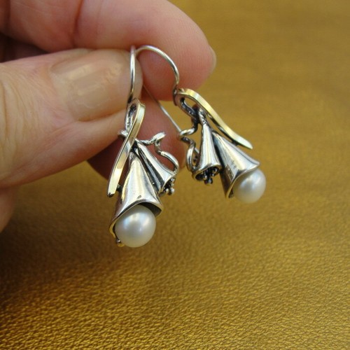 Hadar Designers 9k Yellow Gold 925 Silver Pearl Pendat Earrings Set Handmade (MS - Picture 5 of 12