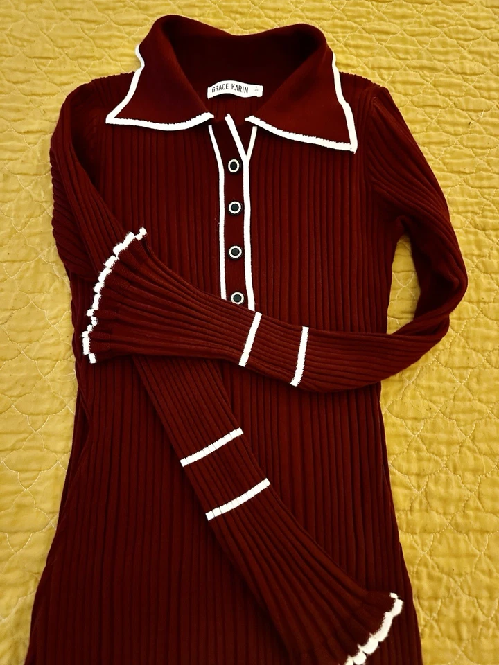 Grace Karin Women's RETRO Work Pencil Dress LONG RUFFLED SLEEVE KNIT SZ S - Image 2 of 4