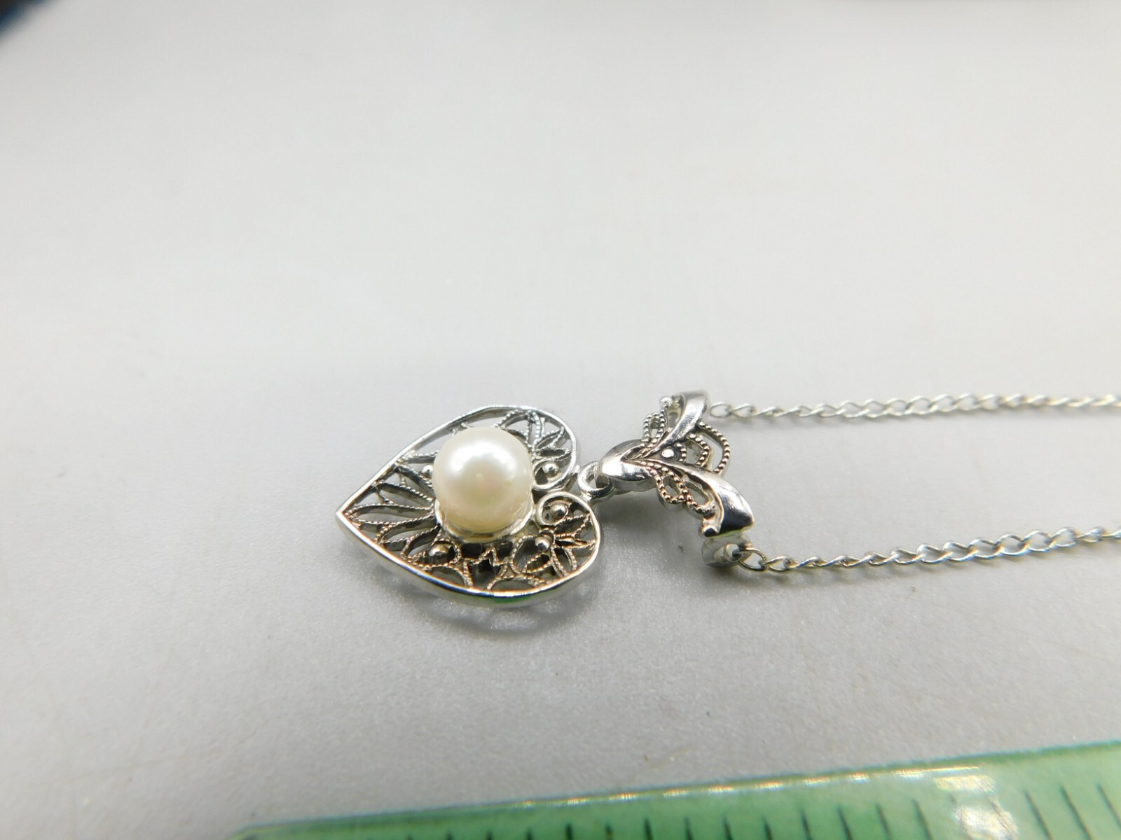 ESTATE Vintage Marvel Sterling Silver 925 Heart with Cultured Pearl Necklace 18" eBay