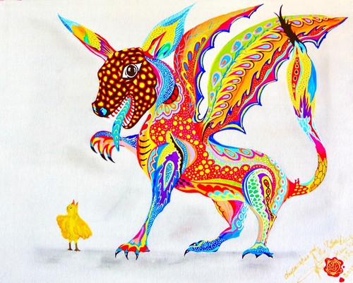 CHUPACABRA & the YELLOW CHICK Painting ORIGINAL Canvas Cardboard UNIQUE COA - Picture 1 of 9