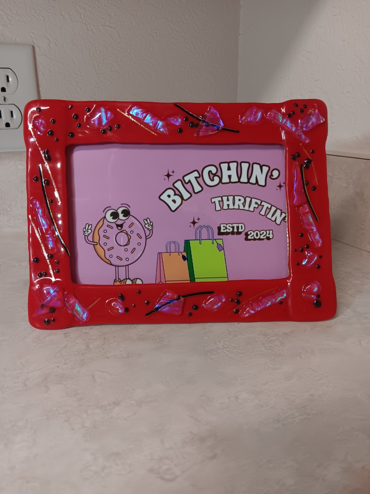 Picture Frame Retro Red Glass Work 4x6 Photo 80s Deco Gift Hanging or Table