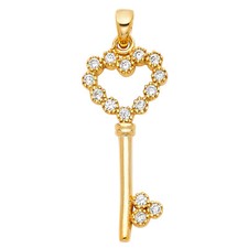 GOLD - 14K Gold Cubic Zirconia Heart Design Key Charm Pendant For Necklace Chain