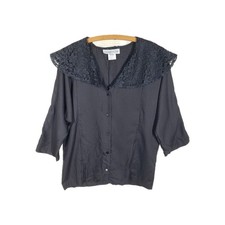 Vtg 90s Black Lace Collar Shirt Womens Button Up Top USA Made VIscose Poly Woven