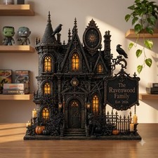 Personalized Halloween Haunted House Wooden Block Gothic Spooky Tabletop Sign