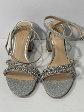 Jewel Badgley Mischka Rosa Silver Glitter Heels Rhinestone Sandals Size 6