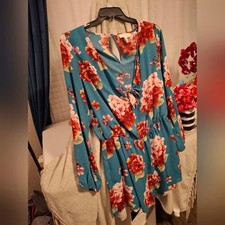 Forever 21 Size 1X Teal Pink Floral Long Sleeve Tie-Front Dopamine Chic Romper