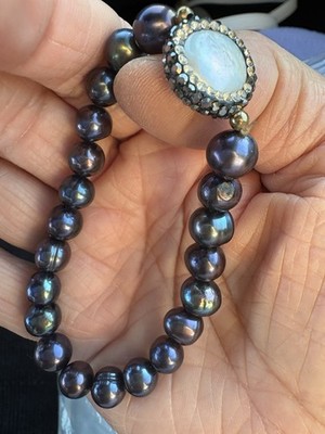 Vtg Lolita Black Baroque Freshwater Pearl & White Button Pearl Stretch Bracelet 