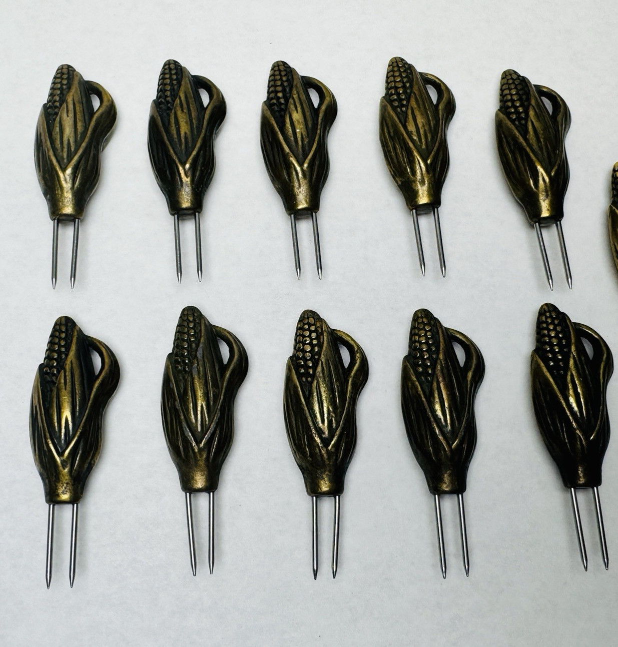 Vintage Metal Corn-on-the-Cob Holders 10 Holders (5 Sets Of 2). Brassy Gold