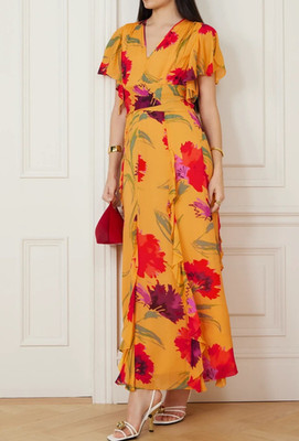 DIANE VON FURSTENBERG XXS Bleuet Dianthus Floral Ruffle Crepe Midi Dress $638