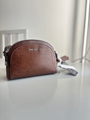 Nine West Brown Crocodile Embossed Shoulder Bag with Zip Closure