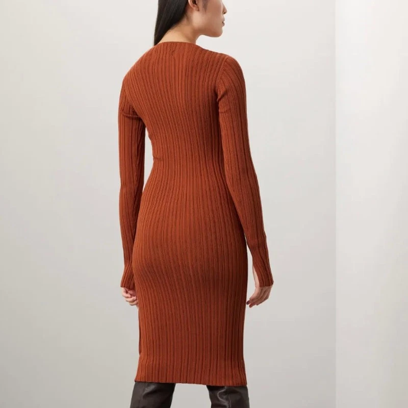 Vestido midi Adam Lippes marrom malha com nervuras botão médio manga comprida designer $320 - Imagem 2 de 4