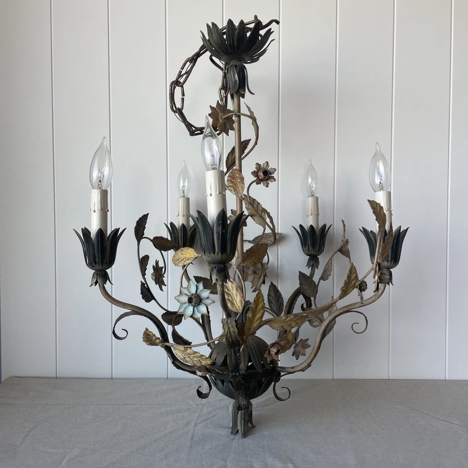 Italian Vintage Tole Metal Rose Flower Chandelier Hanging Light Cottage Shabby - Image 2 of 4