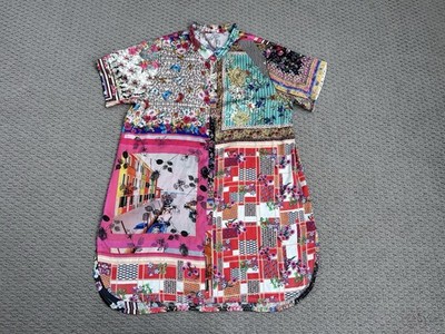 NWOT Johnny Was Amalfi Print Silk Tunic Blouse Dress Boho Patchwork Button Med