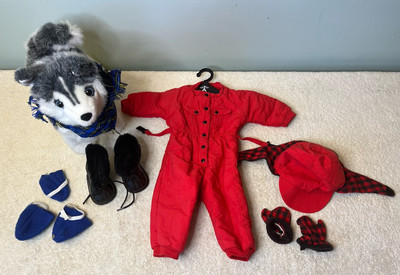 American Girl Dogsled Outfit Red Snowsuit Boots Hat Mittens Husky Vintage Dog