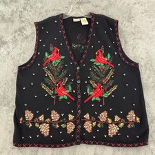 Bobbie Brooks Christmas Cardinal Sweater Vest Womens 26/28W Black Embroidered