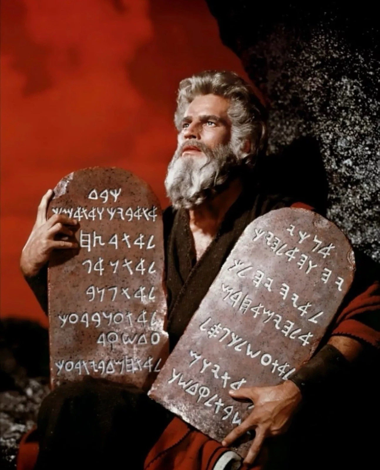 MOSES holding 10 Commandments tablet with black text, white beard, and gold accents on 8.5x11 poster.