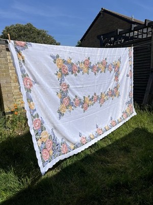 Große Vintage weiße Blumen rechteckige Tischdecke Cutwork Cottagecore Granny Chic