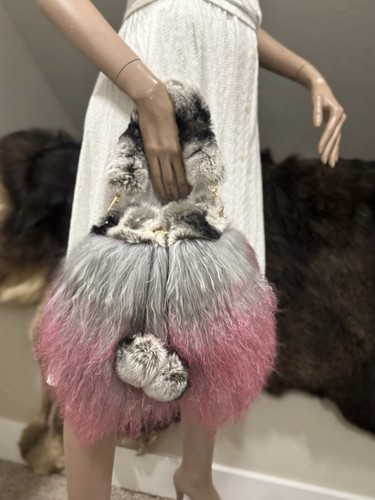Handmade Real Mongolian Lamb Fur Drawstring Bucket Bag Includes 2 Strap Styles - Picture 2 of 15