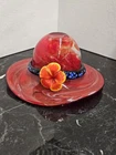 Vintage Murano Style Hand Blown Hat Art Glass With Flower and Band Read