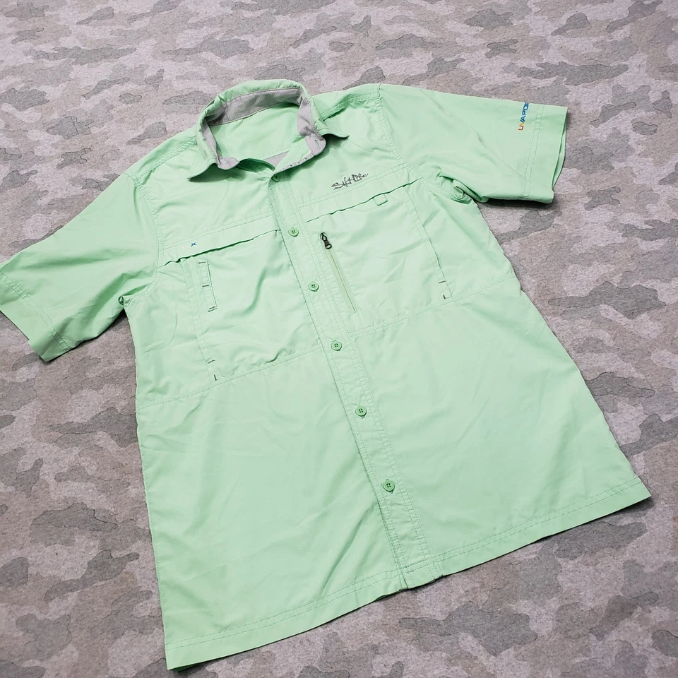 Salt Life Shirt Mens Small Green Pockets Short Sleeve Button-Up Fishing Uvapor - Image 2 of 4