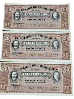 1915 EL ESTADO DE CHIHUAHUA MEXICO 5 PESOS(Consecutive SN#) BANKNOTE PAPER MONEY