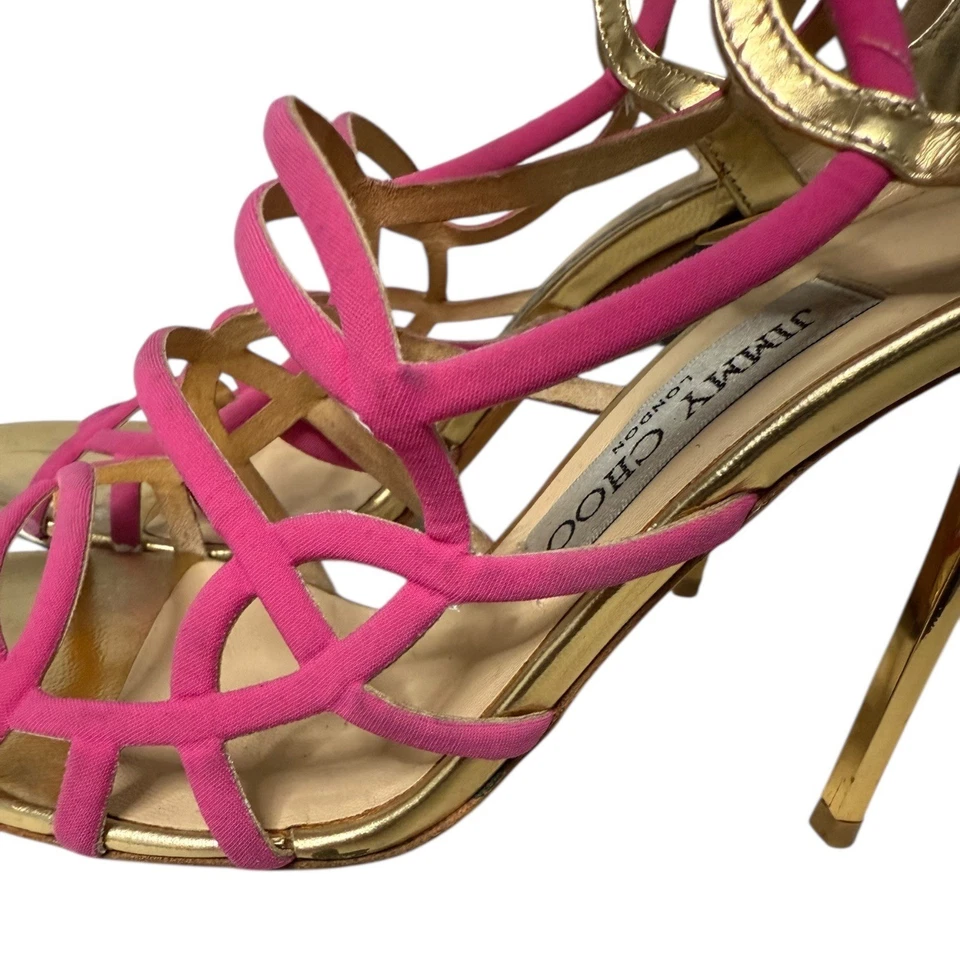 Jimmy Choo Gladiador Gamuza Tirantes Tacones de Aguja IT36 Dorado Rosa Hecho en Italia Foto 3 de 4