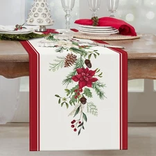 Christmas Poinsettia Table Runner 13x72 Inch Red Floral Pine Branch Seasonal ...